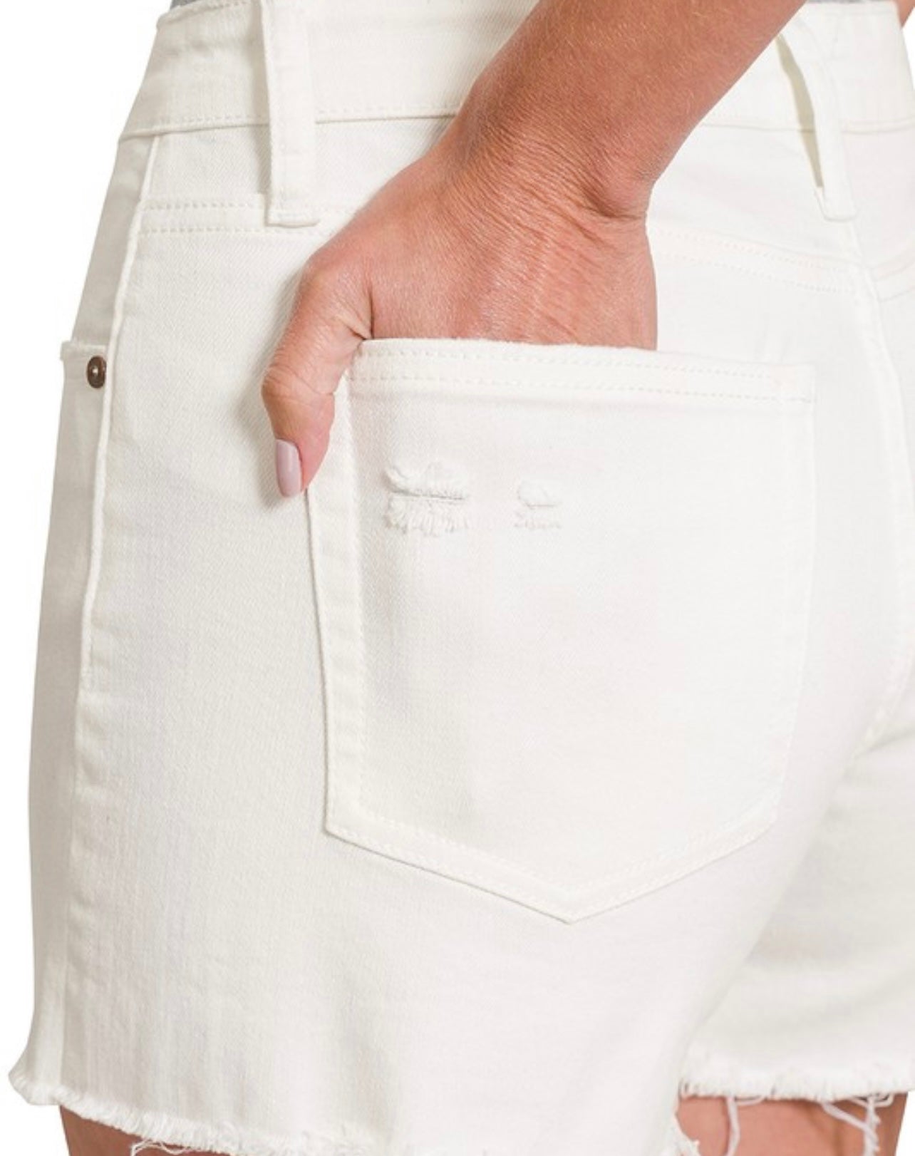 Button Fly Raw Hem White Denim Shorts