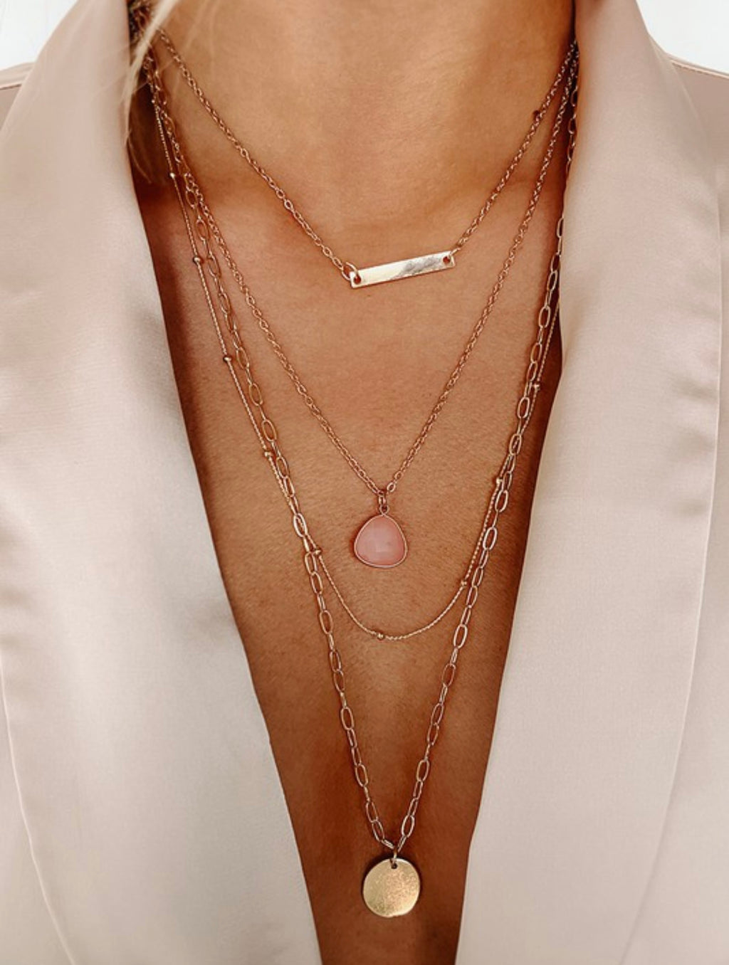 Gold Pink Tear Drop Layered Necklace