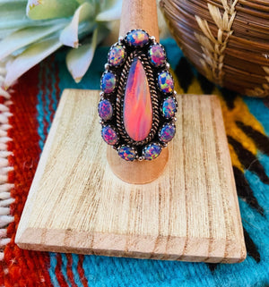 Sterling Silver & Aurora Opal Cluster Adjustable Ring