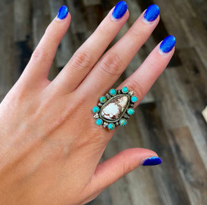 Turquoise & Wild Horse Sterling Silver Adjustable Ring