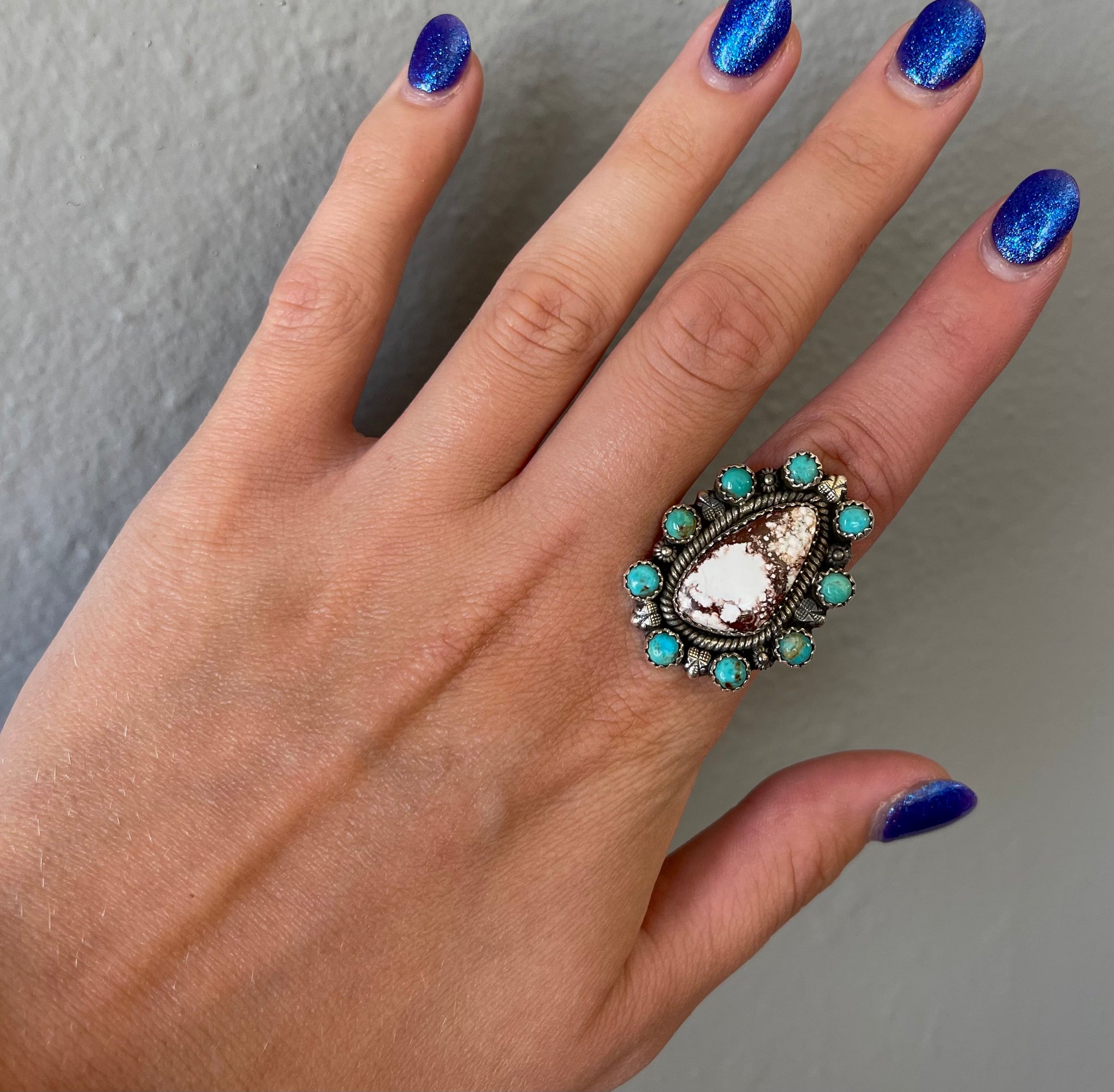 Turquoise & Wild Horse Sterling Silver Adjustable Ring