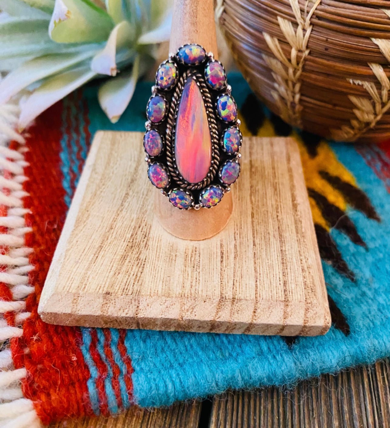 Sterling Silver & Aurora Opal Cluster Adjustable Ring