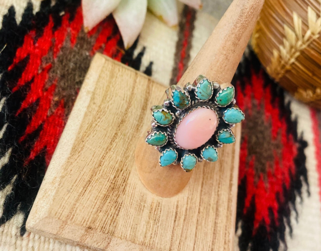 Sterling Silver, Pink Conch & Turquoise Cluster Adjustable Ring