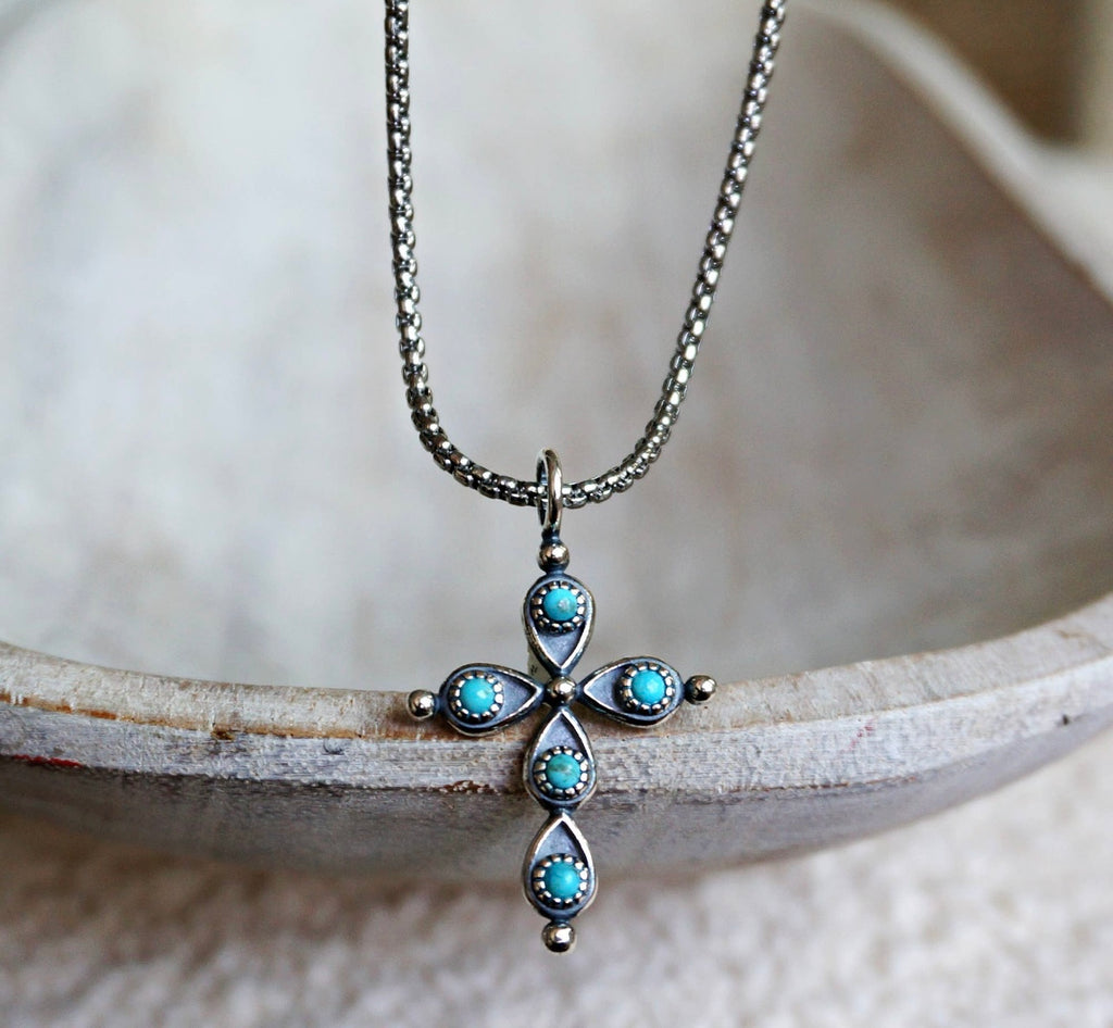 Turquoise & Sterling Silver Cross Necklace