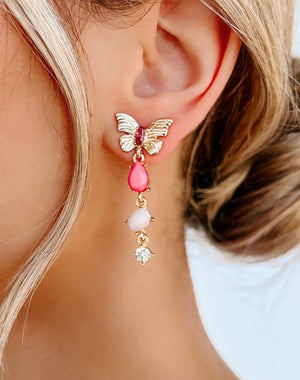Butterfly Pink Beaded Dangle Earrings