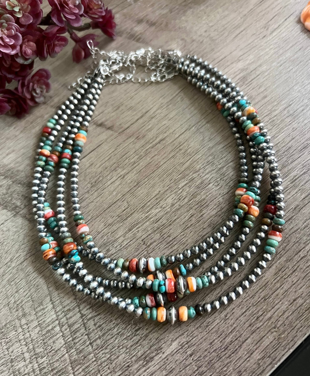 4mm Navajo Pearl, Spiny Oyster and Turquoise Choker