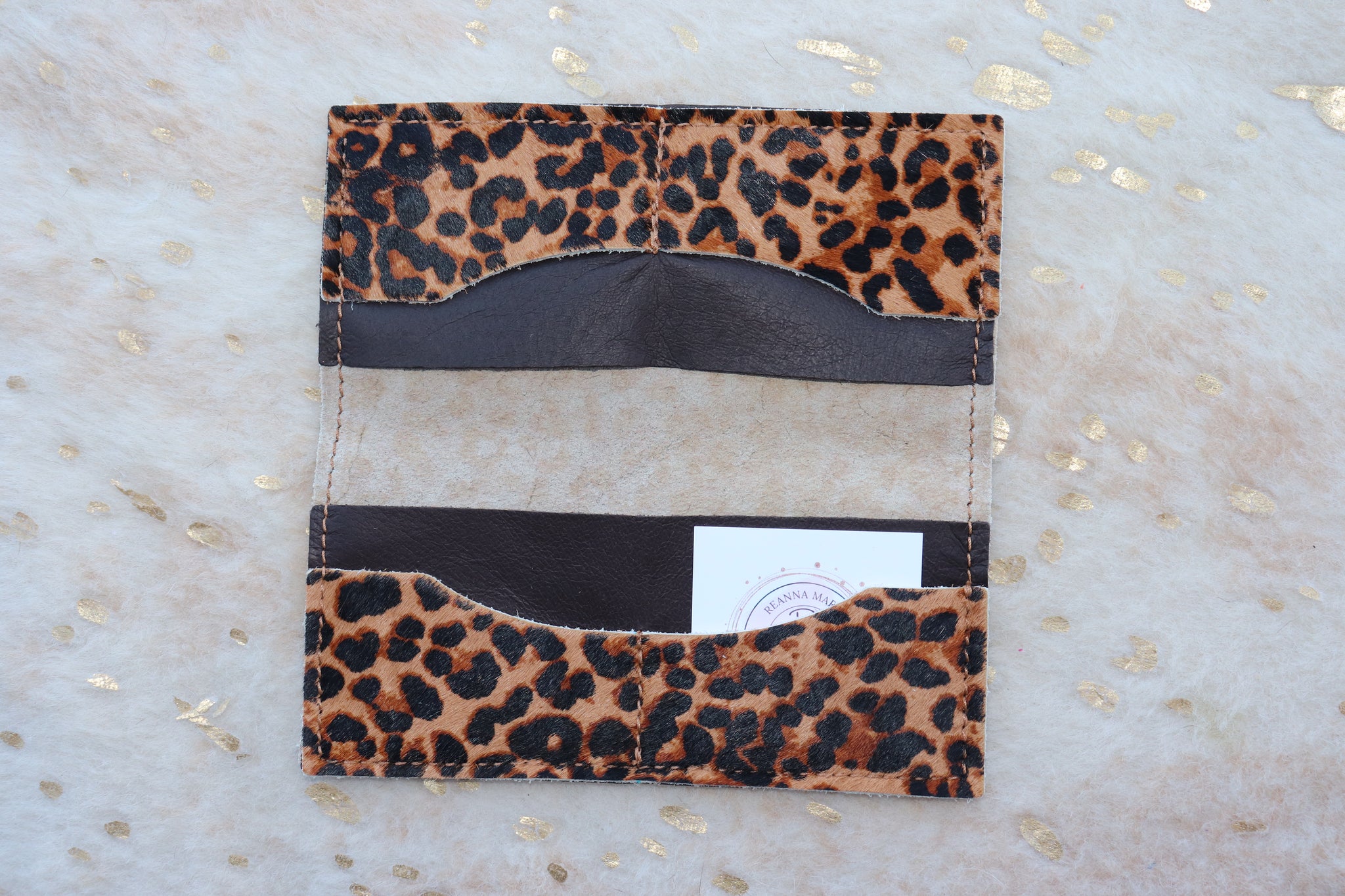 Hair-On-Hide Leather Leopard Print Wallet W/ Turquoise Slab