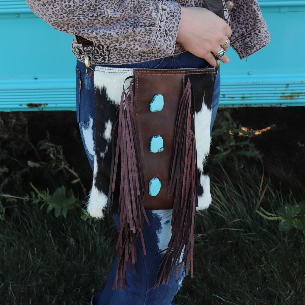10" x 9" Crossbody Handbag with Brown Fringe and Turquoise Slabs